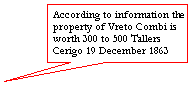 Rectangular Callout: According to information the property of Vreto Combi is worth 300 to 500 Tallers
Cerigo 19 December 1863
