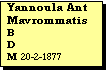 Text Box: Yannoula Ant Mavrommatis
B 
D
M 20-2-1877 
