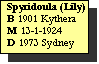 Text Box: Spyridoula (Lily)
B 1901 Kythera
M 13-1-1924
D 1973 Sydney
