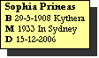 Text Box: Sophia Prineas
B 29-5-1908 Kythera
M 1933 In Sydney
D 15-12-2006
